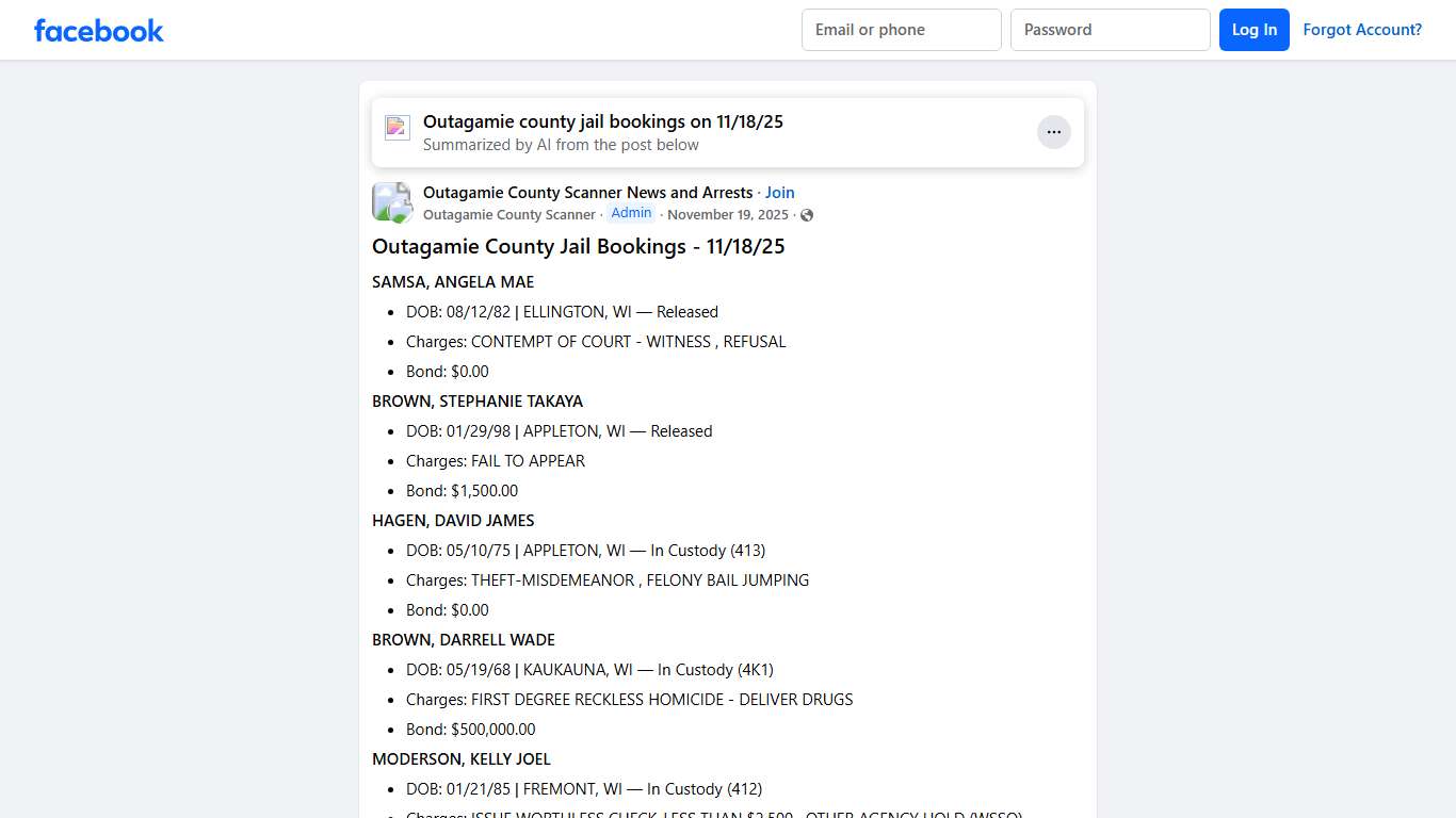 Outagamie County Scanner News and Arrests # **Outagamie County Jail Bookings - 11/18/25** Facebook