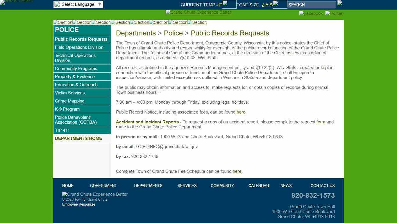 Grand Chute Departments > Police > Public Records Requests