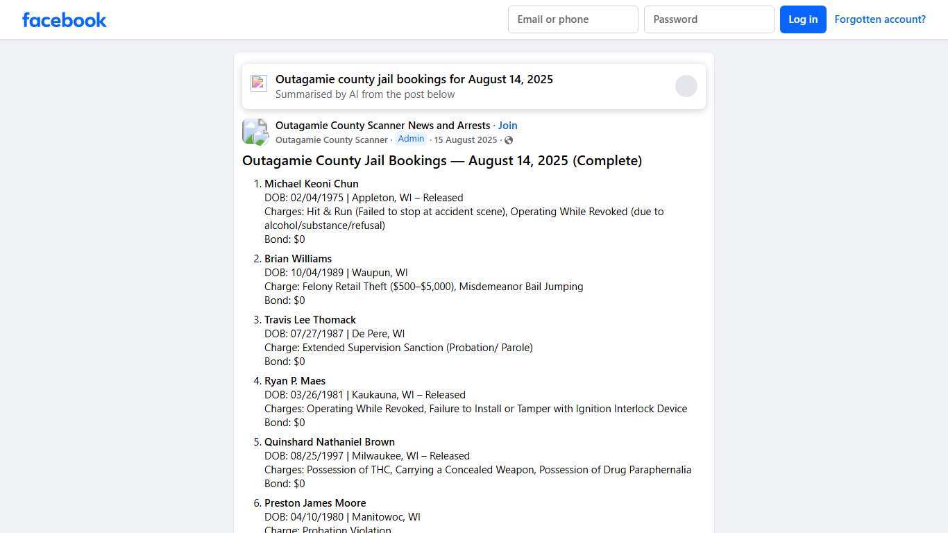 Outagamie County Scanner News and Arrests # **Outagamie County Jail Bookings — August 14, 2025 (Complete)** Facebook